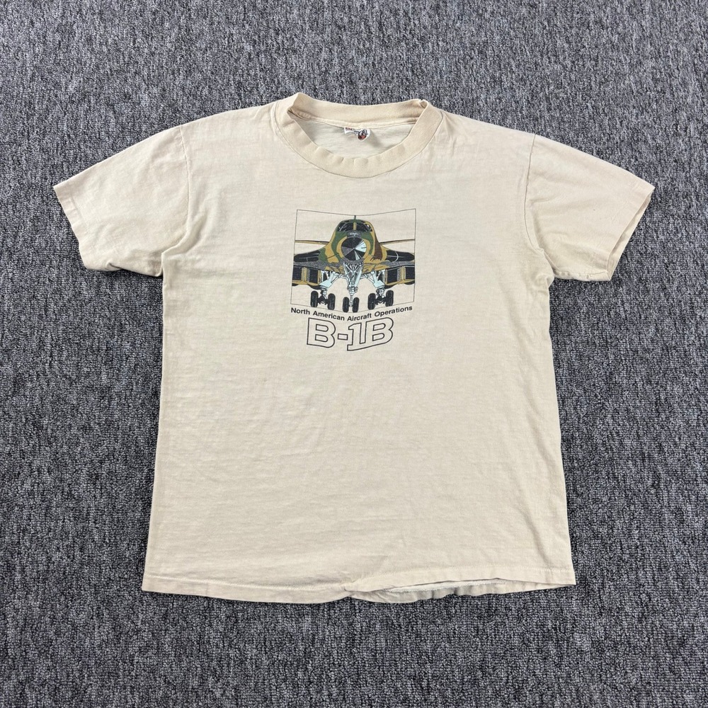 80s Vintage B-1B Lancer Bomber Hanes Beefy-T Tan Large Made in USA Single Stitch